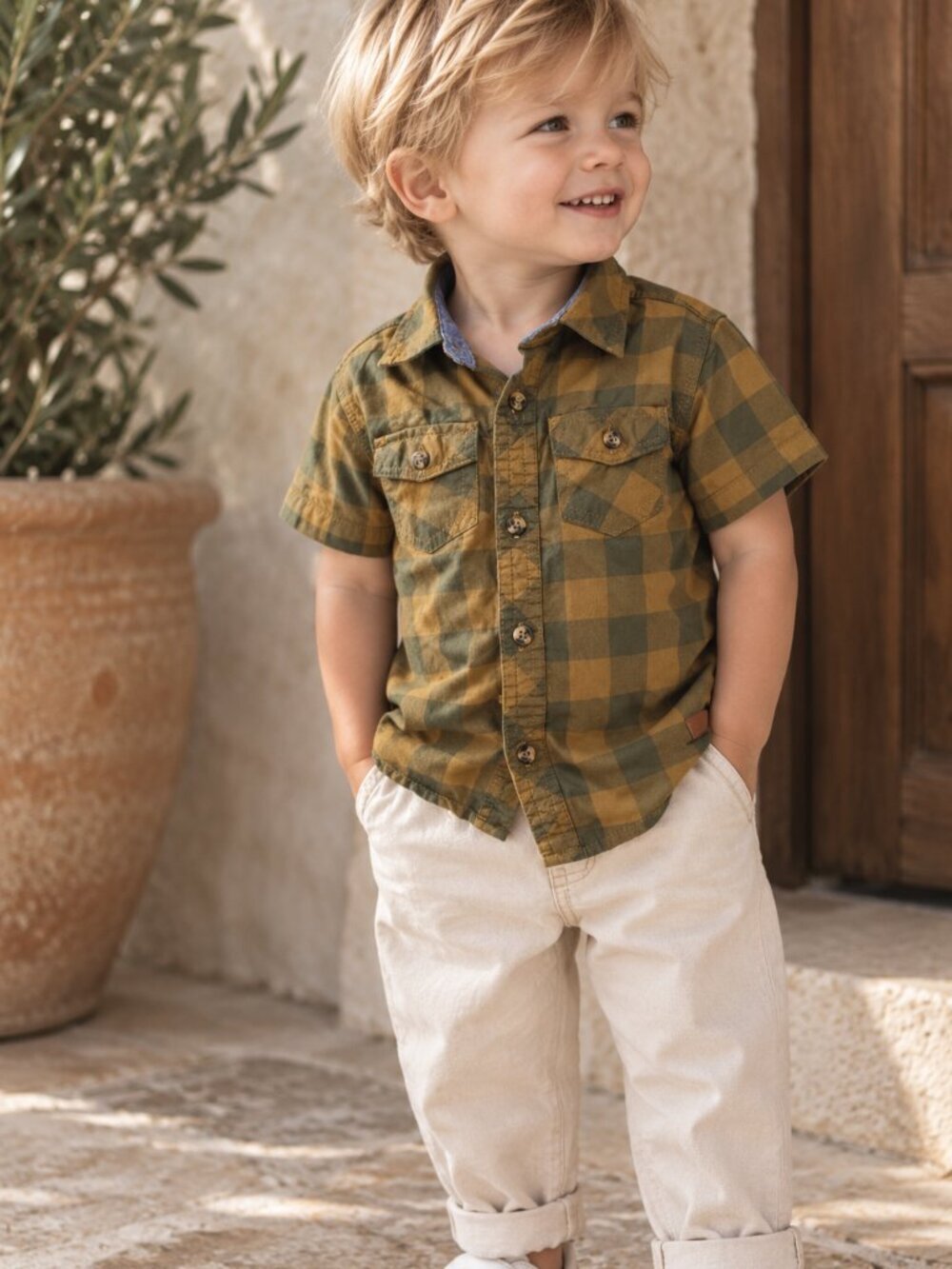 7 For All Mankind Toddler Plaid Button Front Shirt 2T Brown Green Buffalo Check
